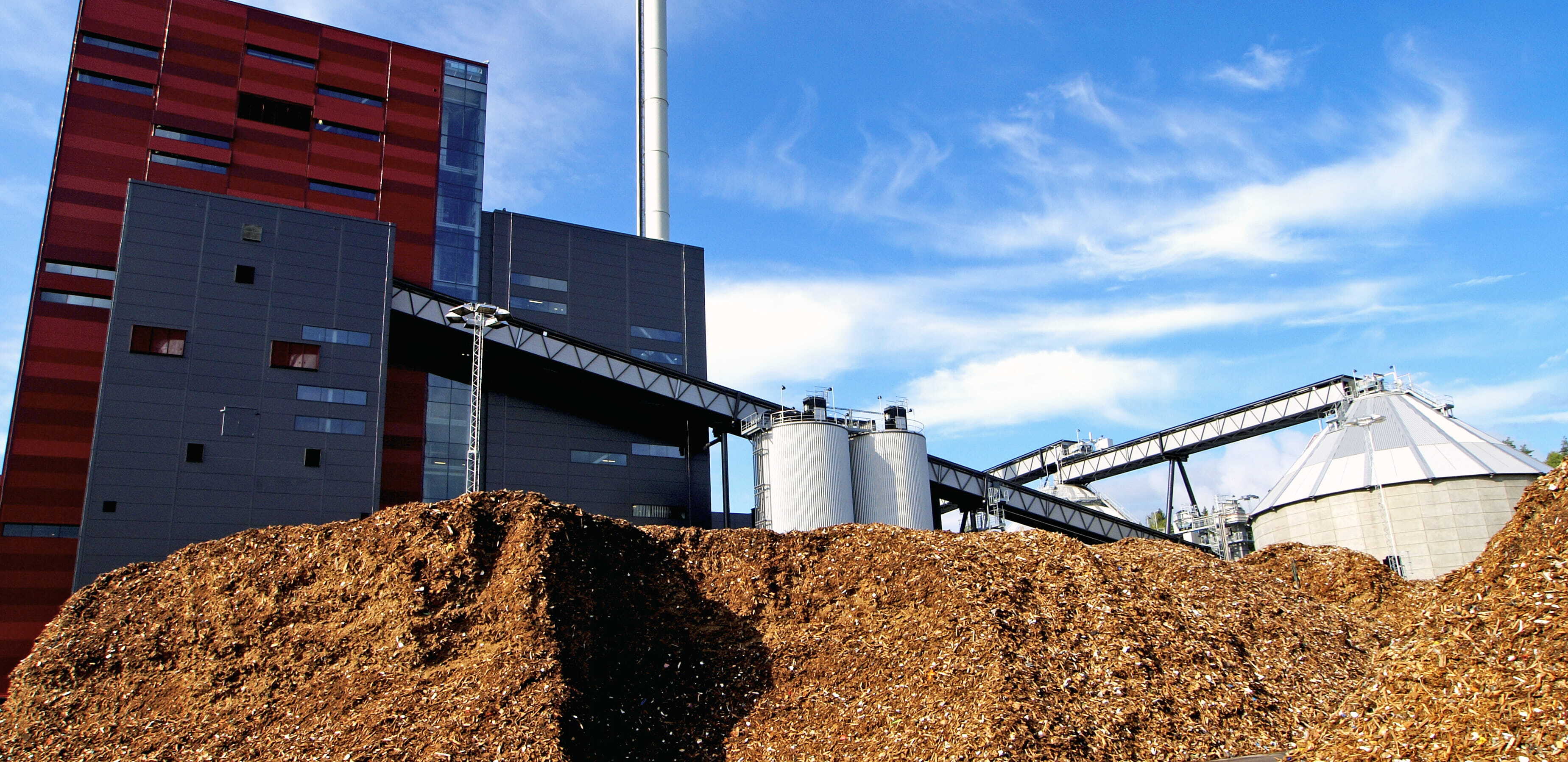 General view of a biomass energy plant with a pile of woodchips in front.