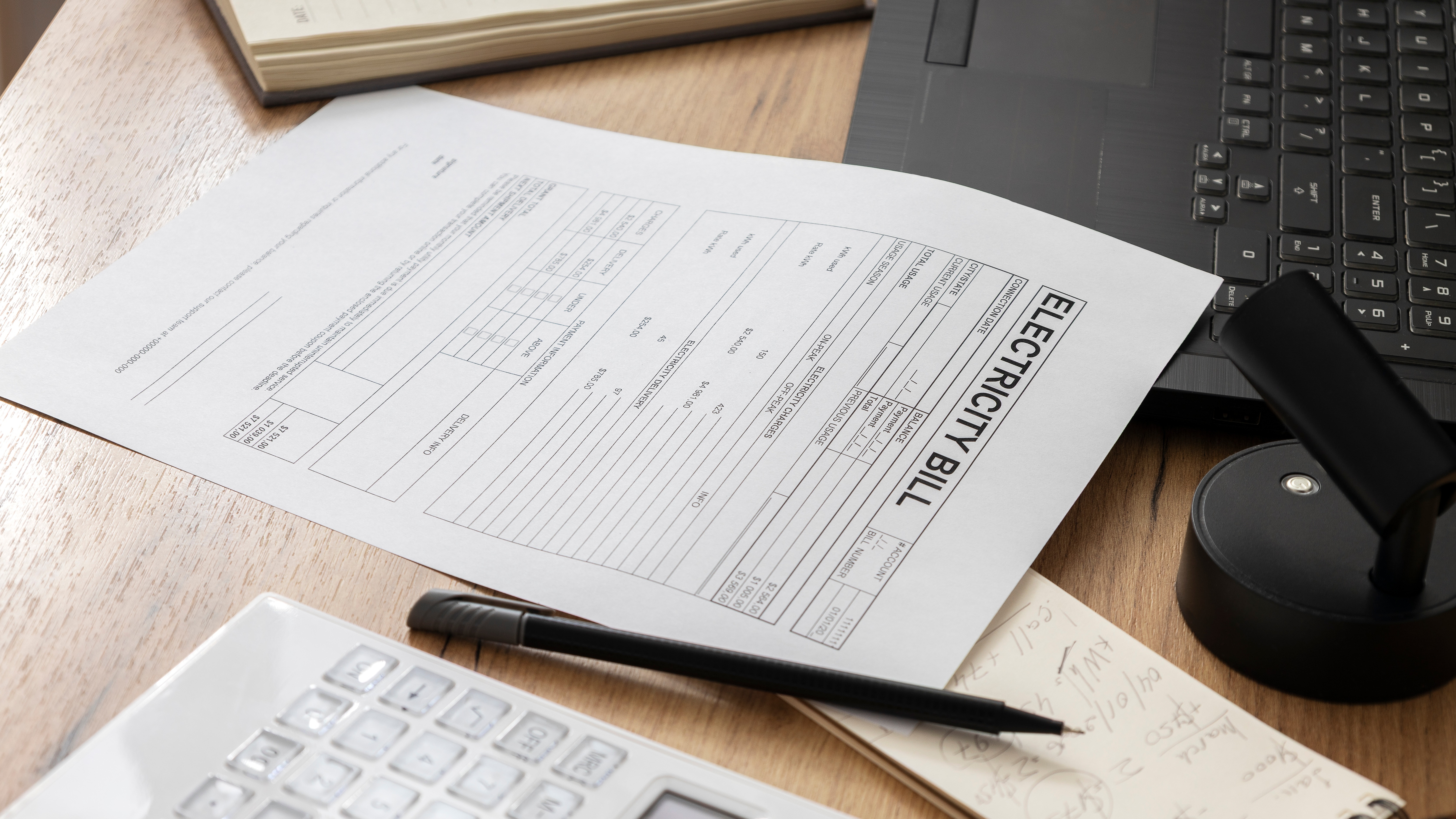 A business electricity bill next to a laptop, pen and calculator.