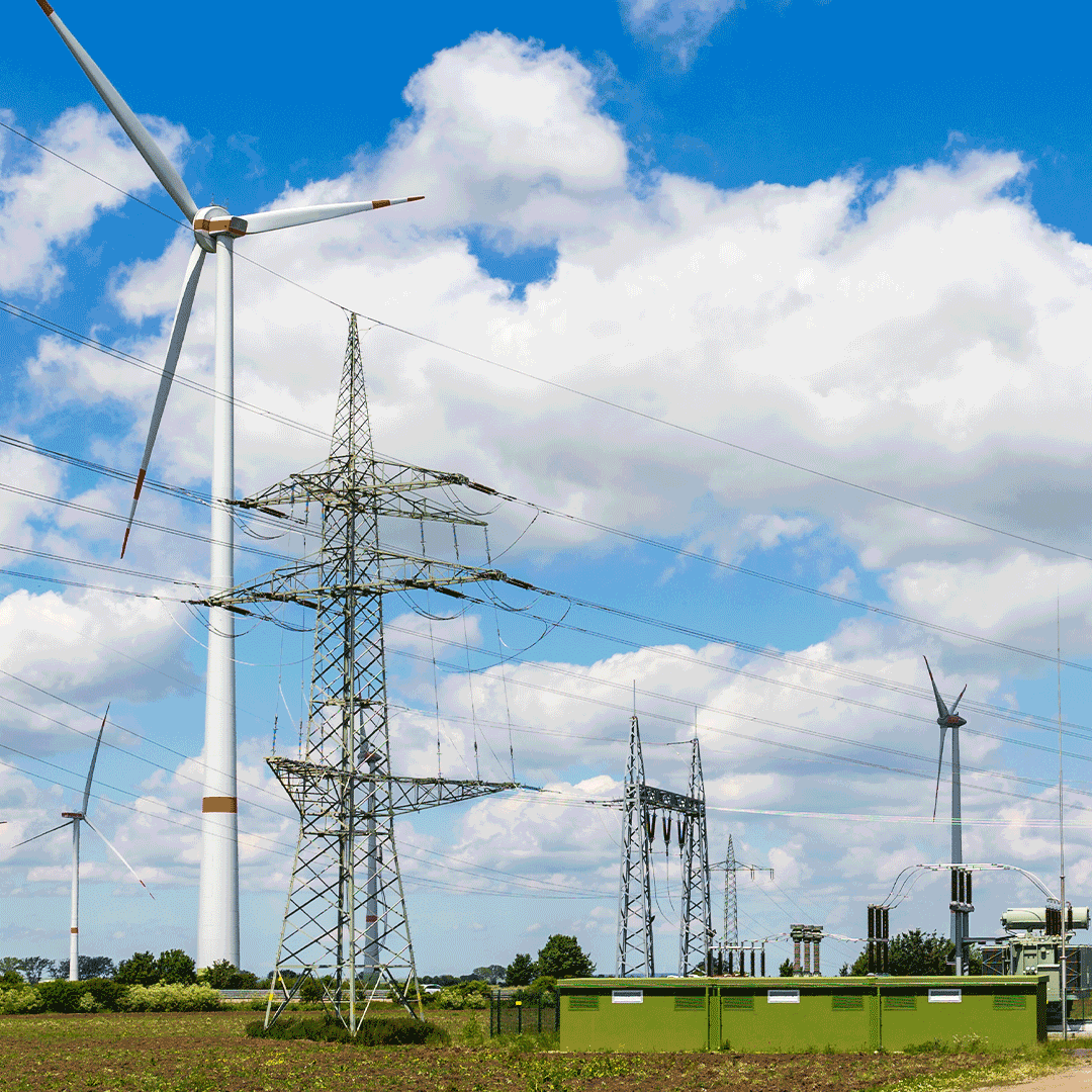 Microgrid including wind turbine, electricity pylon and battery storage units