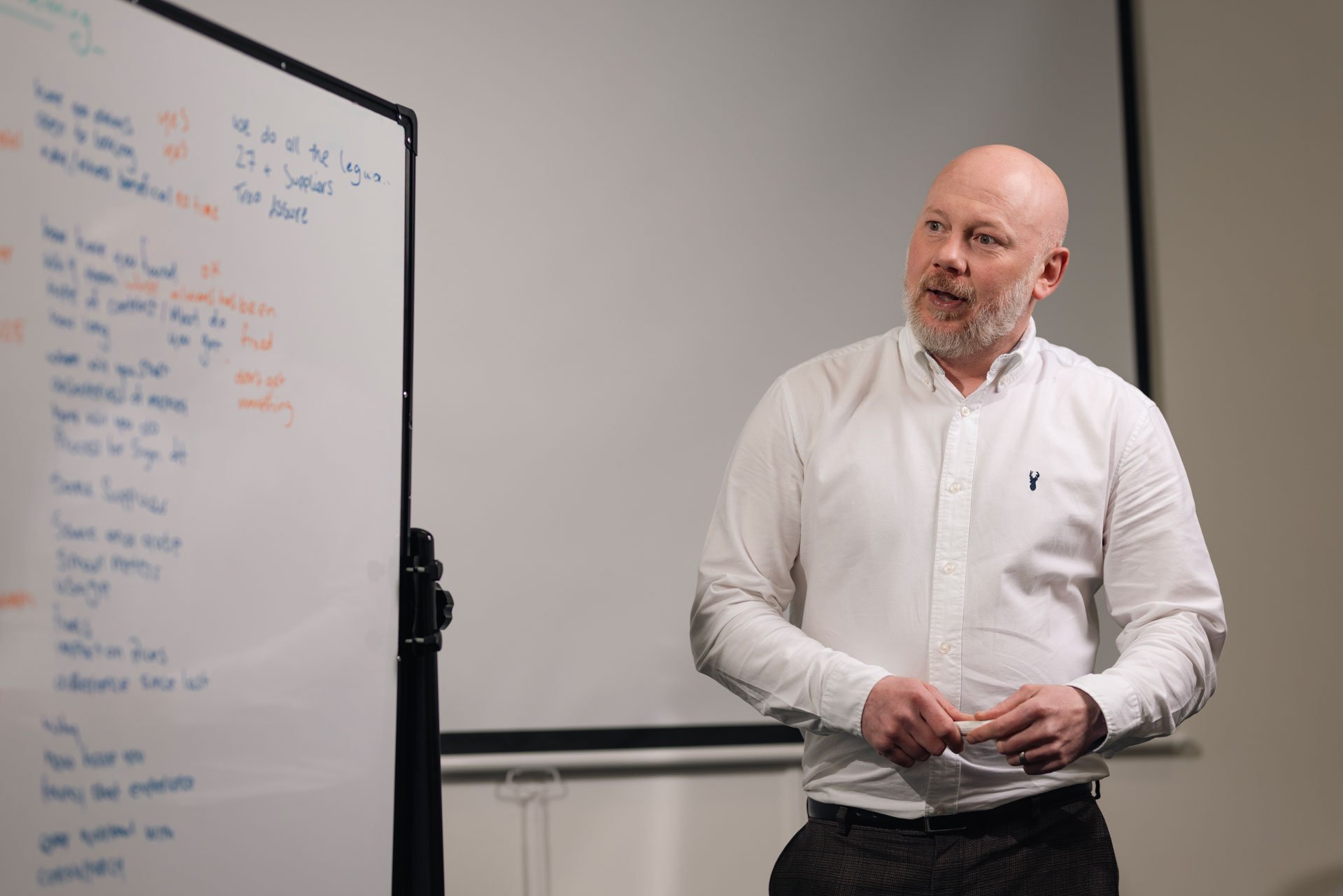 Team member looking at notes on a whiteboard