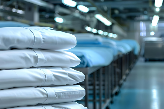 Close up of laundered sheets with factory in the background